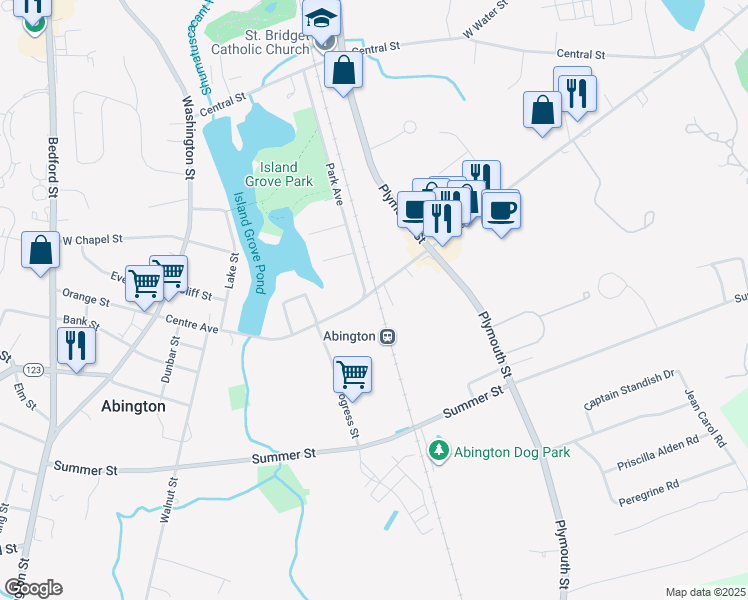 map of restaurants, bars, coffee shops, grocery stores, and more near 243 Centre Avenue in Abington