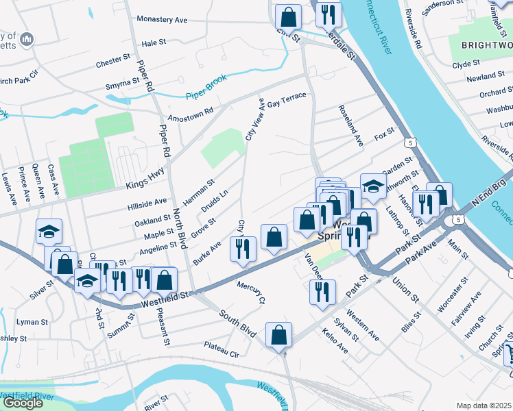 map of restaurants, bars, coffee shops, grocery stores, and more near 114 Field Street in West Springfield
