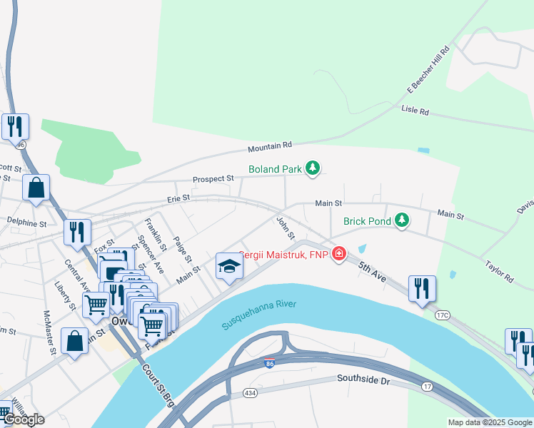 map of restaurants, bars, coffee shops, grocery stores, and more near 399 E Main St in Owego