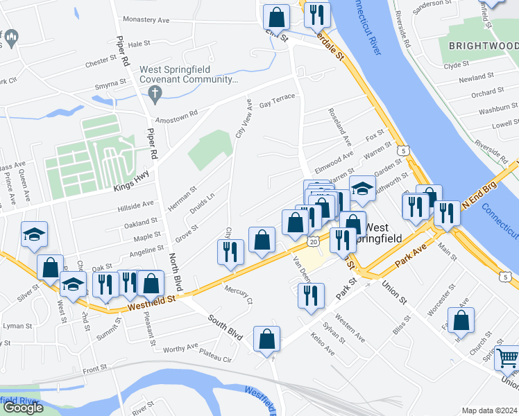 map of restaurants, bars, coffee shops, grocery stores, and more near 91 Field Street in West Springfield