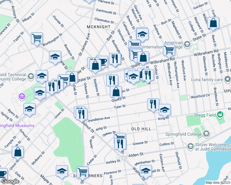 map of restaurants, bars, coffee shops, grocery stores, and more near 65 Hancock Street in Springfield