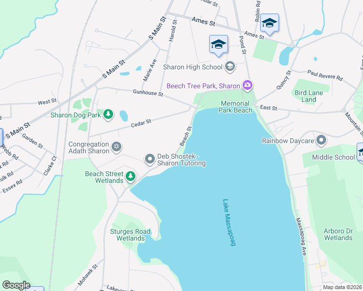 map of restaurants, bars, coffee shops, grocery stores, and more near Beach Street in Sharon