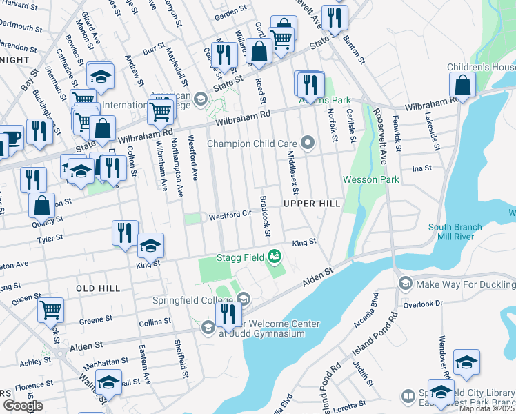 map of restaurants, bars, coffee shops, grocery stores, and more near 100 Westford Circle in Springfield