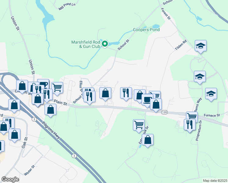 map of restaurants, bars, coffee shops, grocery stores, and more near 6 Old Stage Stop Vil in Marshfield