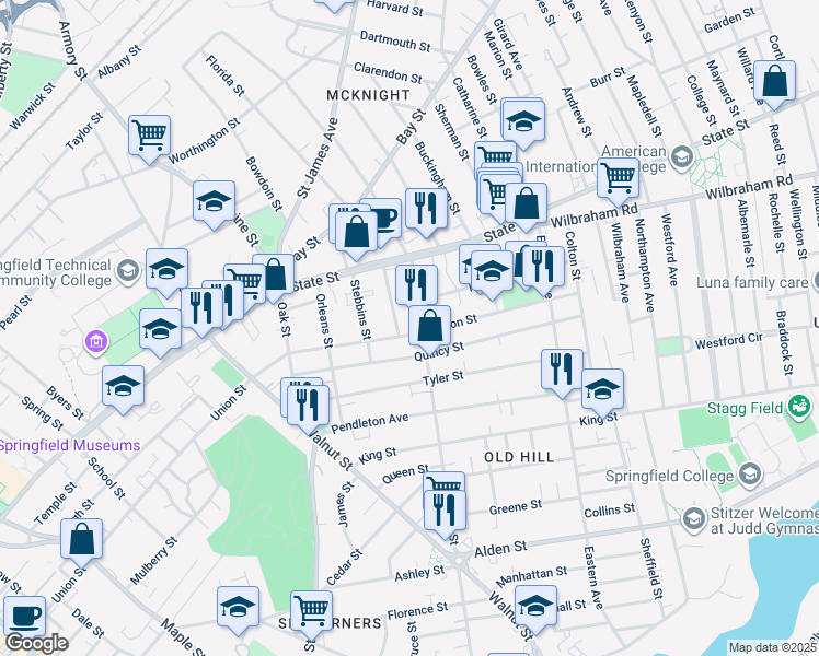 map of restaurants, bars, coffee shops, grocery stores, and more near 65 Hancock Street in Springfield