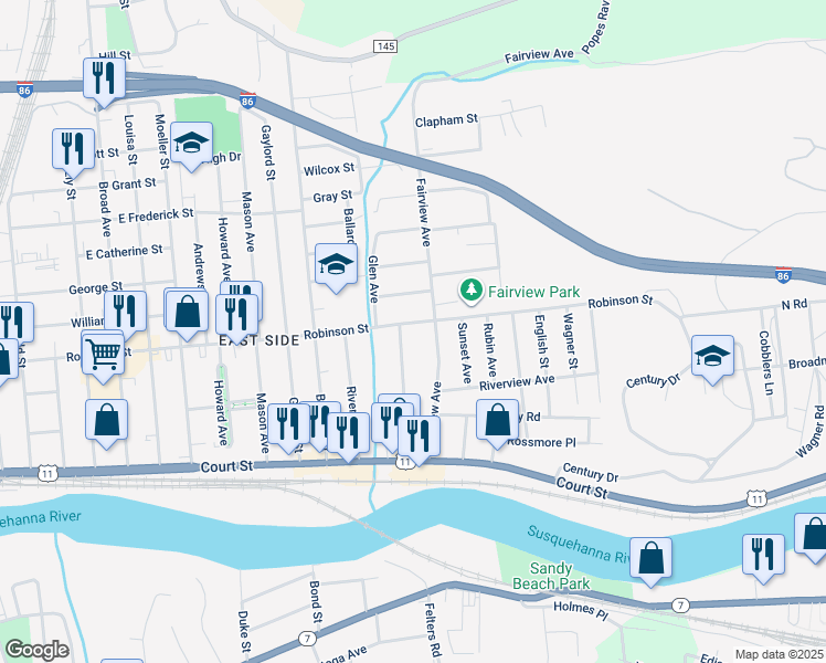 map of restaurants, bars, coffee shops, grocery stores, and more near 46 Milford Street in Binghamton