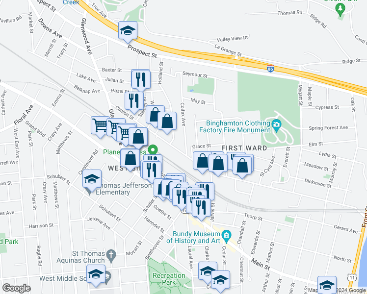 map of restaurants, bars, coffee shops, grocery stores, and more near 2 Colfax Avenue in Binghamton