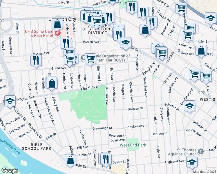 map of restaurants, bars, coffee shops, grocery stores, and more near 76-104 Burbank Avenue in Johnson City