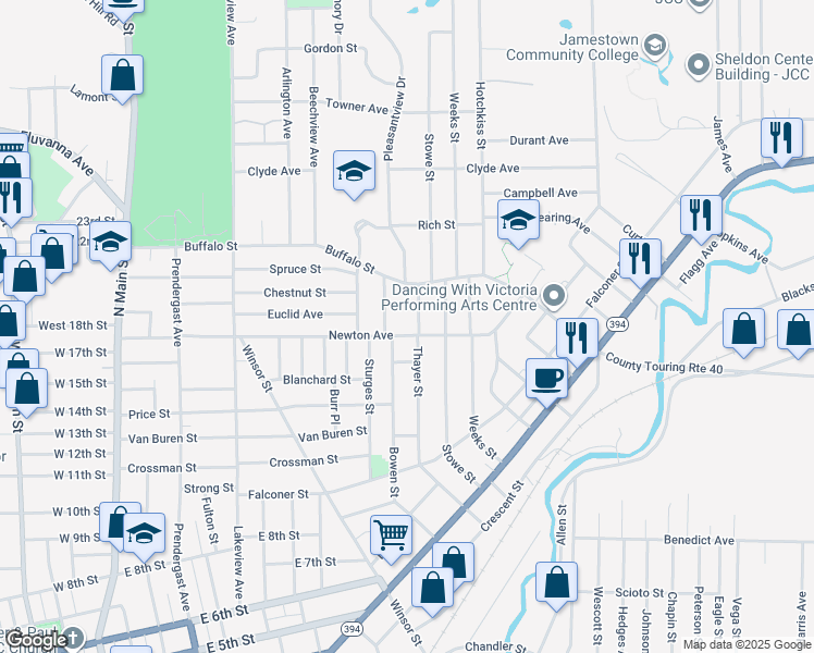 map of restaurants, bars, coffee shops, grocery stores, and more near 191 Newton Avenue in Jamestown