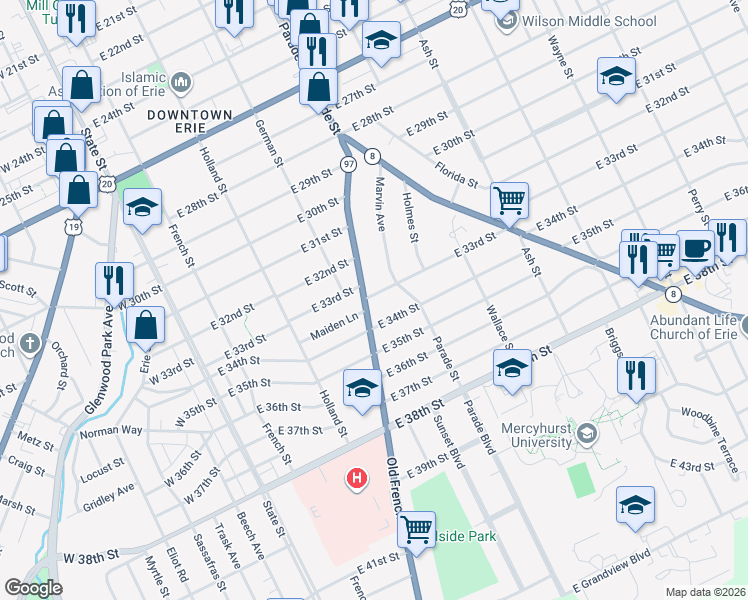 map of restaurants, bars, coffee shops, grocery stores, and more near 313 East 33rd Street in Erie