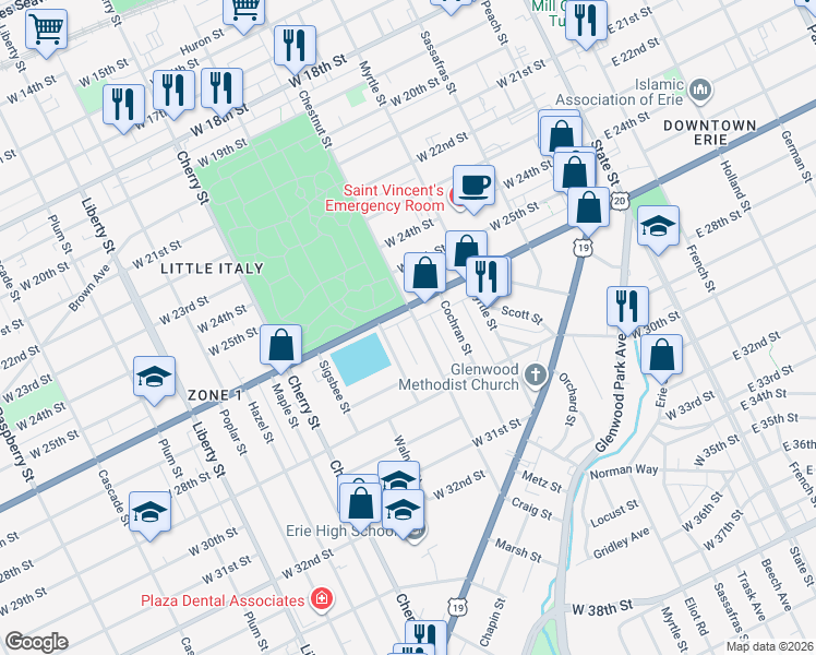 map of restaurants, bars, coffee shops, grocery stores, and more near 2622 Chestnut Street in Erie