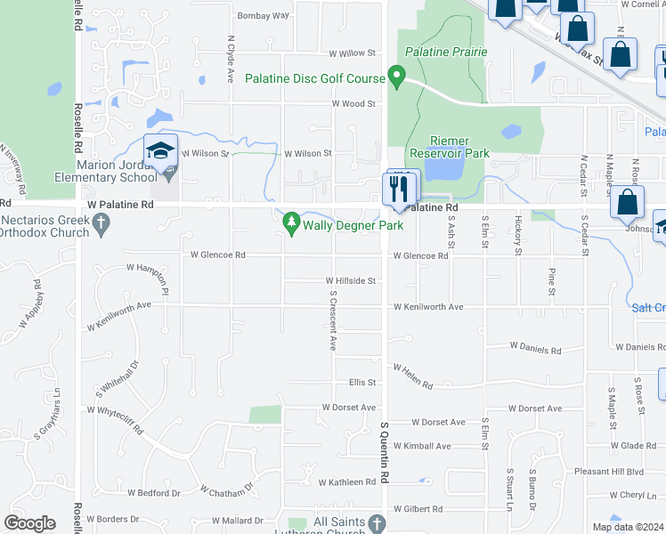 map of restaurants, bars, coffee shops, grocery stores, and more near 870 West Hillside Street in Palatine
