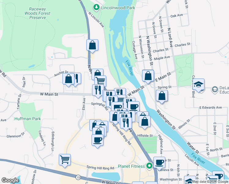 map of restaurants, bars, coffee shops, grocery stores, and more near 132 West Main Street in Carpentersville
