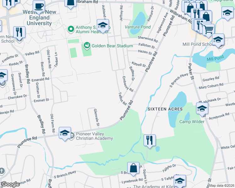 map of restaurants, bars, coffee shops, grocery stores, and more near 50 Talbot Road in Springfield
