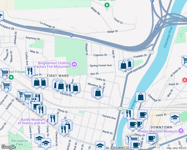 map of restaurants, bars, coffee shops, grocery stores, and more near 43 Elm Street in Binghamton