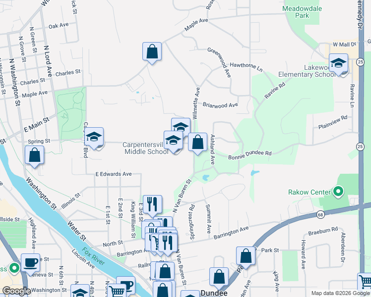 map of restaurants, bars, coffee shops, grocery stores, and more near 122 Cleveland Avenue in Carpentersville
