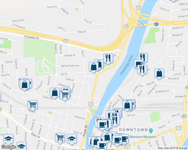 map of restaurants, bars, coffee shops, grocery stores, and more near 277 Front Street in Binghamton