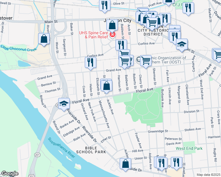 map of restaurants, bars, coffee shops, grocery stores, and more near 249 Saint Charles Street in Johnson City