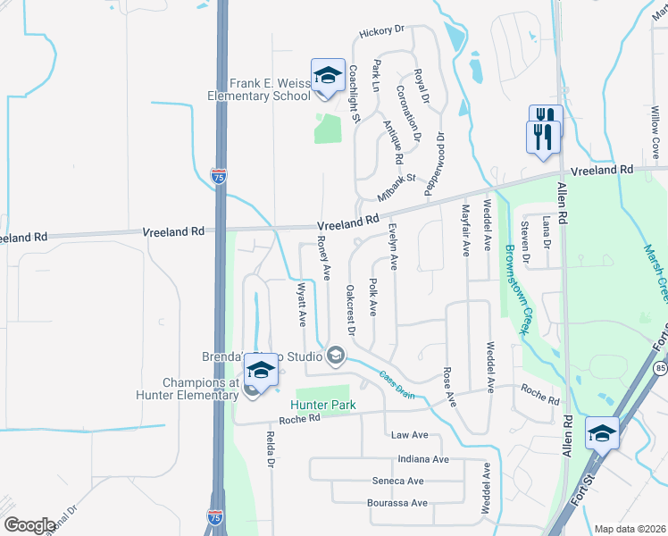 map of restaurants, bars, coffee shops, grocery stores, and more near 27278 Roney Avenue in Brownstown Charter Township
