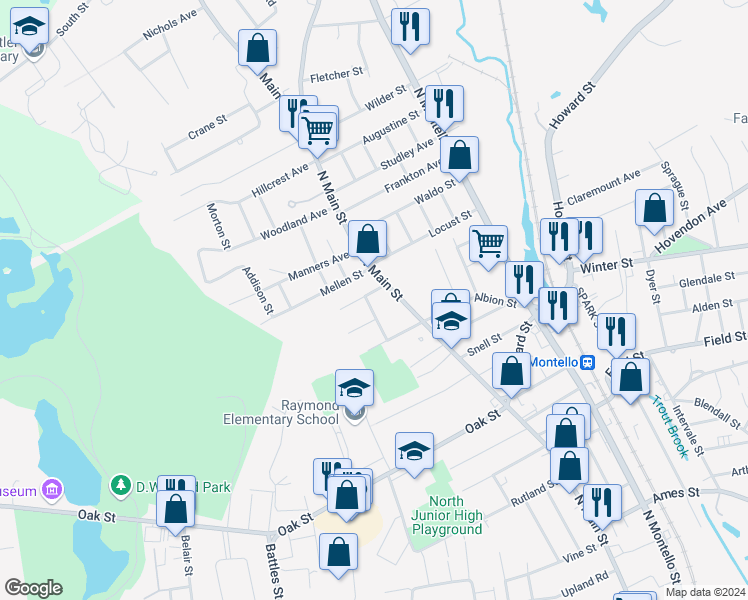 map of restaurants, bars, coffee shops, grocery stores, and more near 29 Overlook Avenue in Brockton