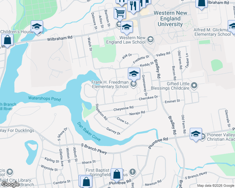 map of restaurants, bars, coffee shops, grocery stores, and more near 31 Leatherleaf Circle in Springfield