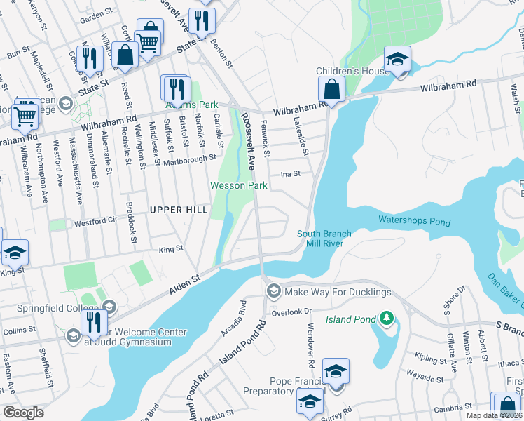 map of restaurants, bars, coffee shops, grocery stores, and more near 20 Strathmore Street in Springfield