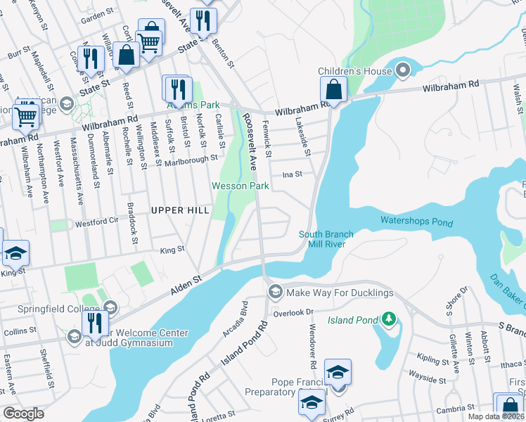 map of restaurants, bars, coffee shops, grocery stores, and more near 20 Strathmore Street in Springfield