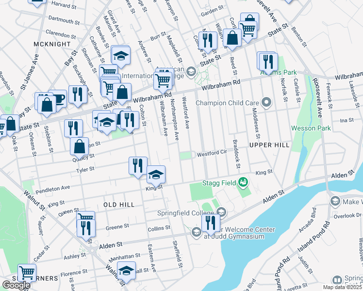 map of restaurants, bars, coffee shops, grocery stores, and more near 24 Gunn Square in Springfield