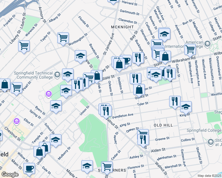 map of restaurants, bars, coffee shops, grocery stores, and more near 33 Oak Street in Springfield