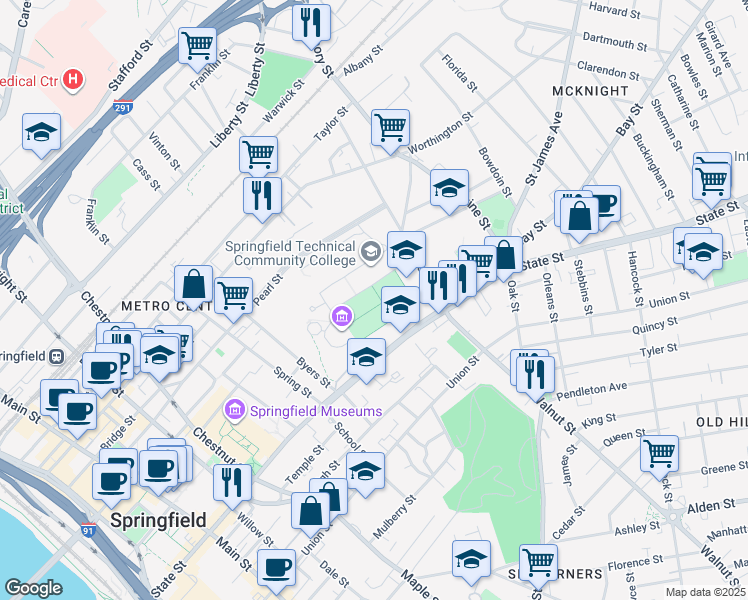 map of restaurants, bars, coffee shops, grocery stores, and more near 443-429 State St in Springfield