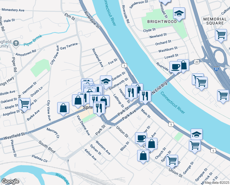 map of restaurants, bars, coffee shops, grocery stores, and more near 56 Hanover Street in West Springfield