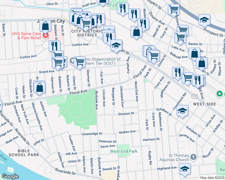 map of restaurants, bars, coffee shops, grocery stores, and more near 11 Margaret Street in Binghamton