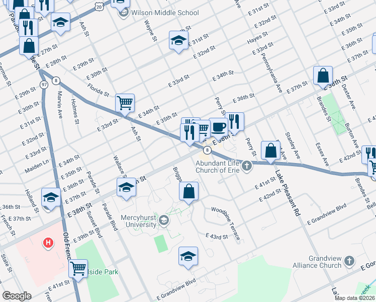 map of restaurants, bars, coffee shops, grocery stores, and more near in Erie