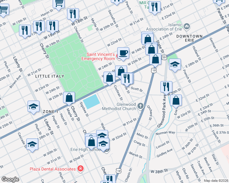 map of restaurants, bars, coffee shops, grocery stores, and more near 2632 Cochran Street in Erie