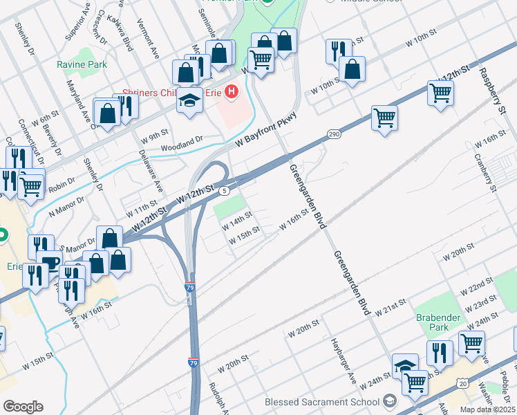 map of restaurants, bars, coffee shops, grocery stores, and more near 1683 West 14th Street in Erie