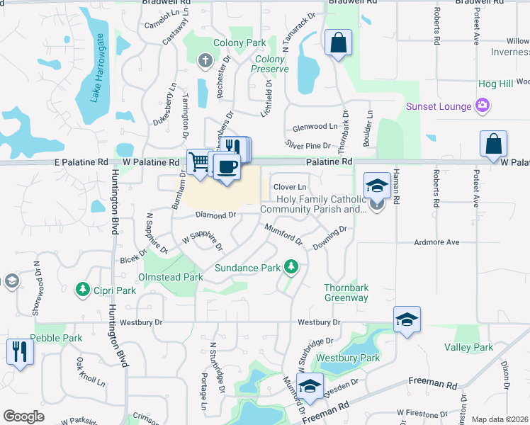 map of restaurants, bars, coffee shops, grocery stores, and more near 1361 Diamond Drive in Hoffman Estates