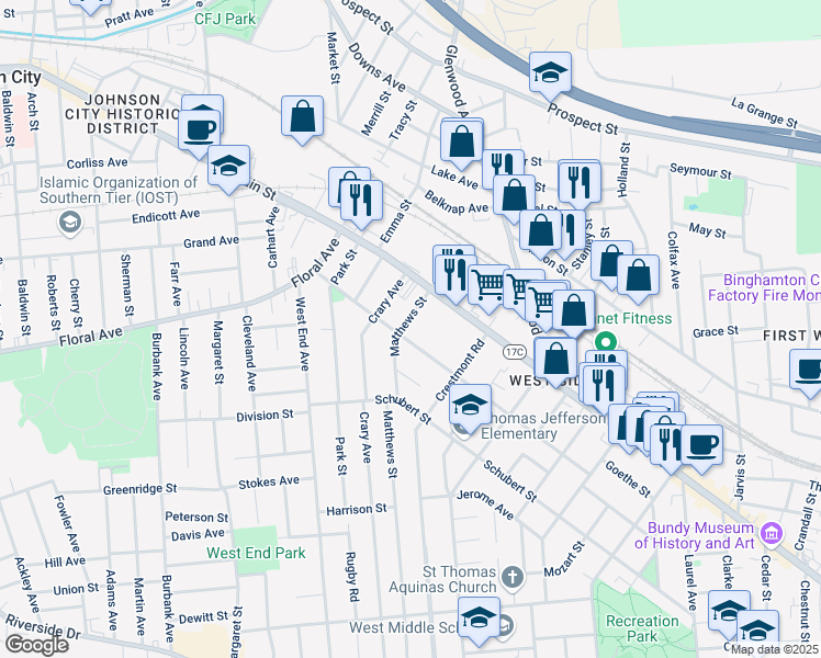 map of restaurants, bars, coffee shops, grocery stores, and more near 78 Grand Boulevard in Binghamton