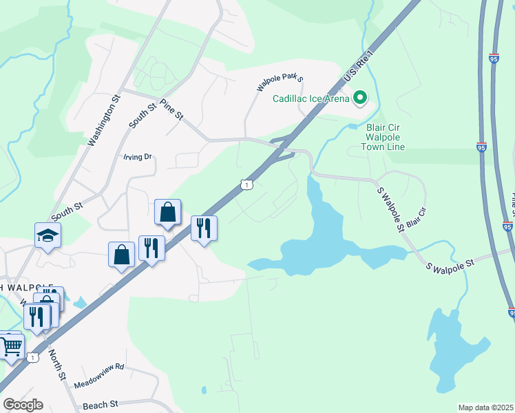 map of restaurants, bars, coffee shops, grocery stores, and more near 6 Sunset Drive in Walpole