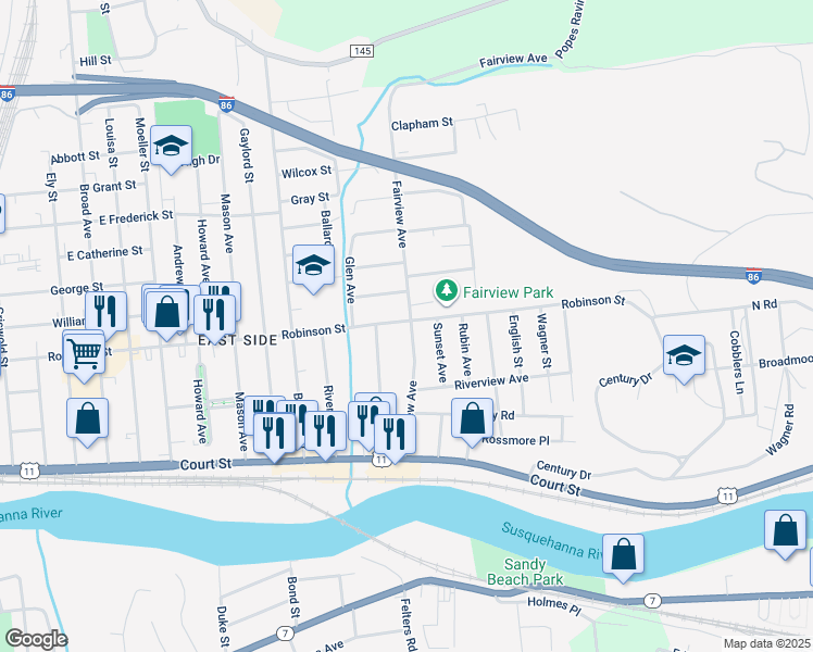 map of restaurants, bars, coffee shops, grocery stores, and more near 300 Robinson Street in Binghamton