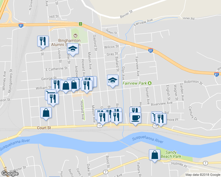 map of restaurants, bars, coffee shops, grocery stores, and more near 255 Robinson Street in Binghamton