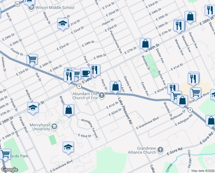 map of restaurants, bars, coffee shops, grocery stores, and more near 3934 Lake Pleasant Road in Erie