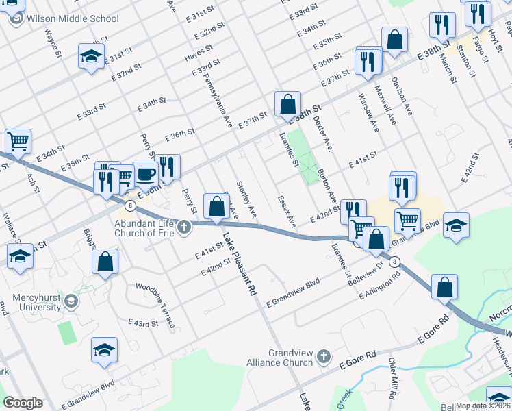 map of restaurants, bars, coffee shops, grocery stores, and more near 4015 Stanley Ave in Erie