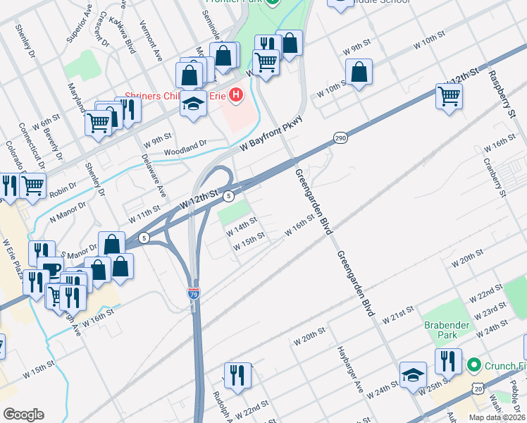 map of restaurants, bars, coffee shops, grocery stores, and more near 1683 West 14th Street in Erie