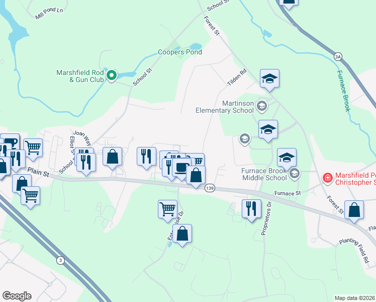 map of restaurants, bars, coffee shops, grocery stores, and more near 20 Fox Run in Marshfield