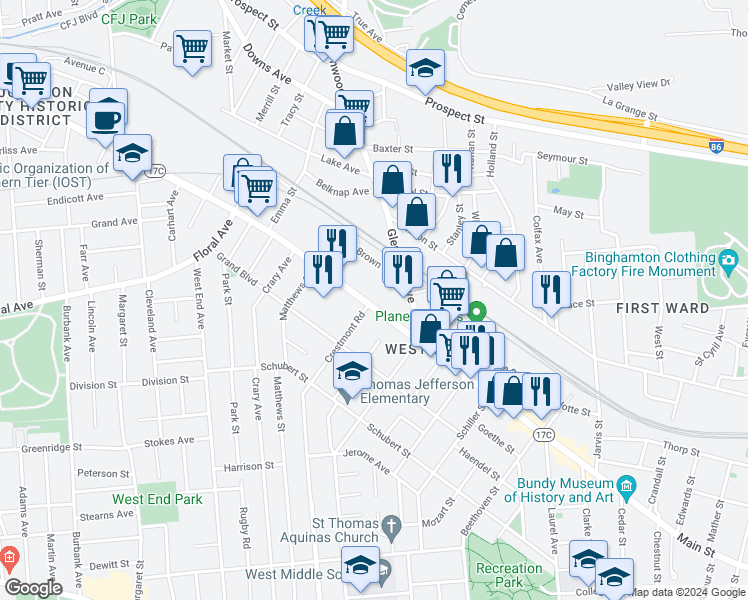 map of restaurants, bars, coffee shops, grocery stores, and more near 276 Main Street in Binghamton