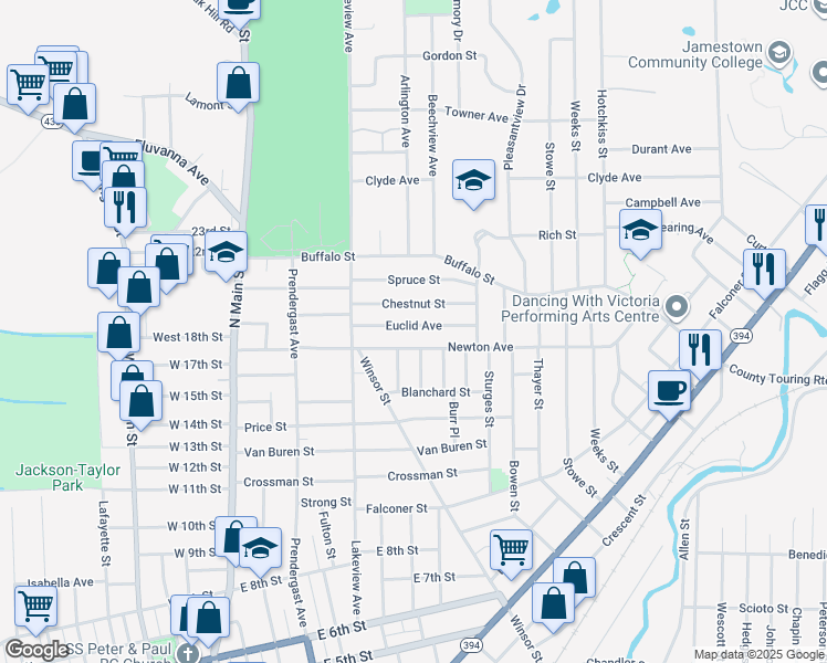 map of restaurants, bars, coffee shops, grocery stores, and more near 138 Euclid Avenue in Jamestown