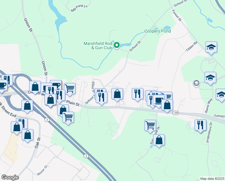 map of restaurants, bars, coffee shops, grocery stores, and more near 451 School Street in Marshfield