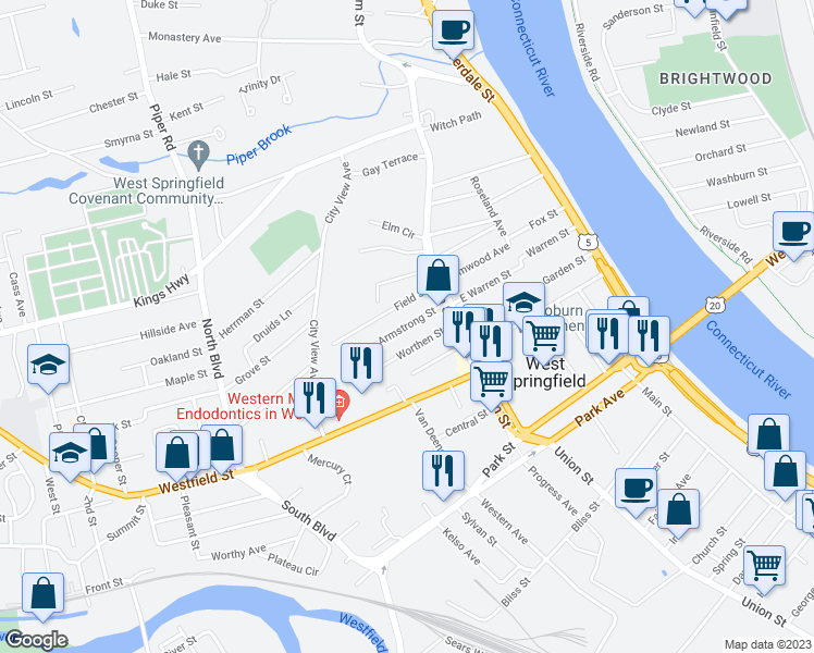 map of restaurants, bars, coffee shops, grocery stores, and more near 46 Armstrong Street in West Springfield