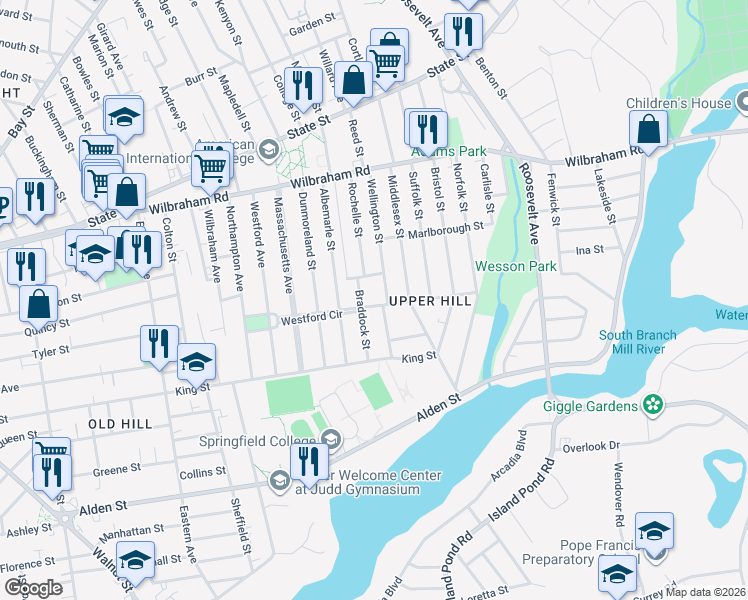 map of restaurants, bars, coffee shops, grocery stores, and more near 126 Westford Circle in Springfield
