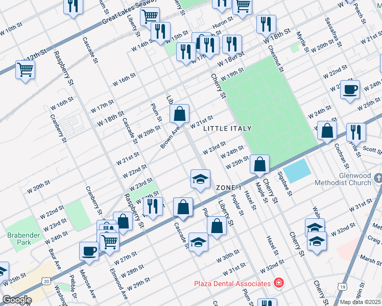 map of restaurants, bars, coffee shops, grocery stores, and more near 2302 Liberty Street in Erie